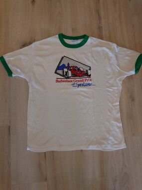 Hanes White Ringer T-Shirt with Green Trim and Red/Blue Race Graphic